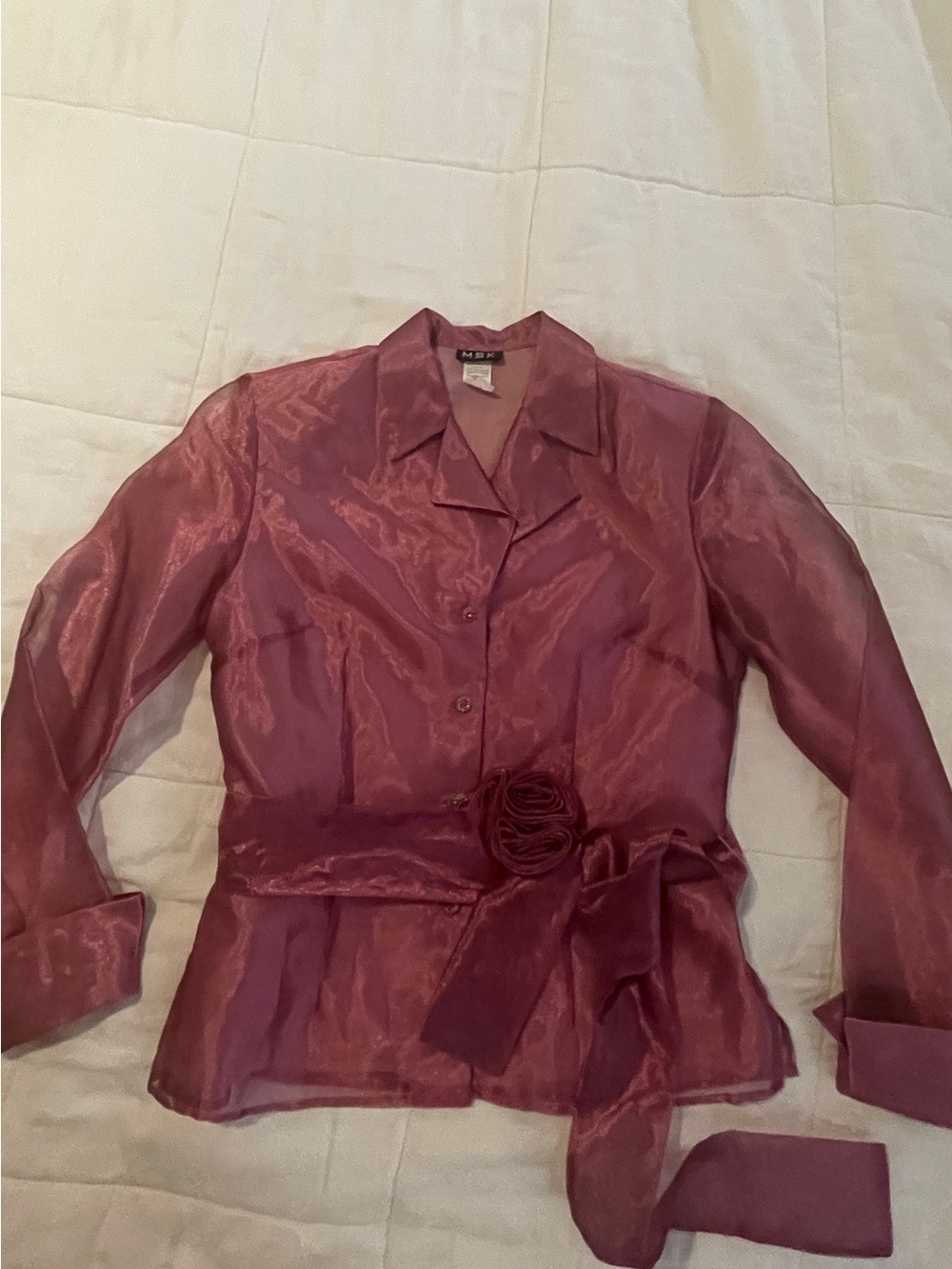 MSK Sheer Rose Pink Button-Down Blouse with Tie Waist